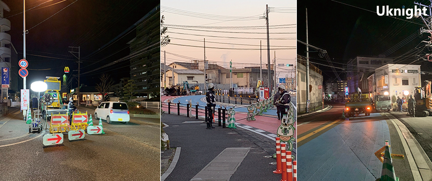 西区周船寺にて道路工事に伴う交通誘導警備を実施致しました。