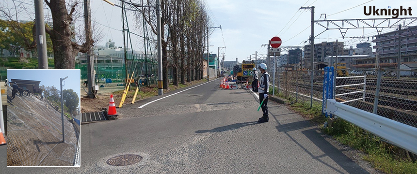 JR香椎駅周辺にて法面工事に伴う列車見張業務と交通誘導警備を実施致しました。